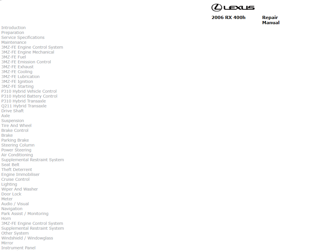Lexus RX400H 2006 Official Workshop Repair Manual